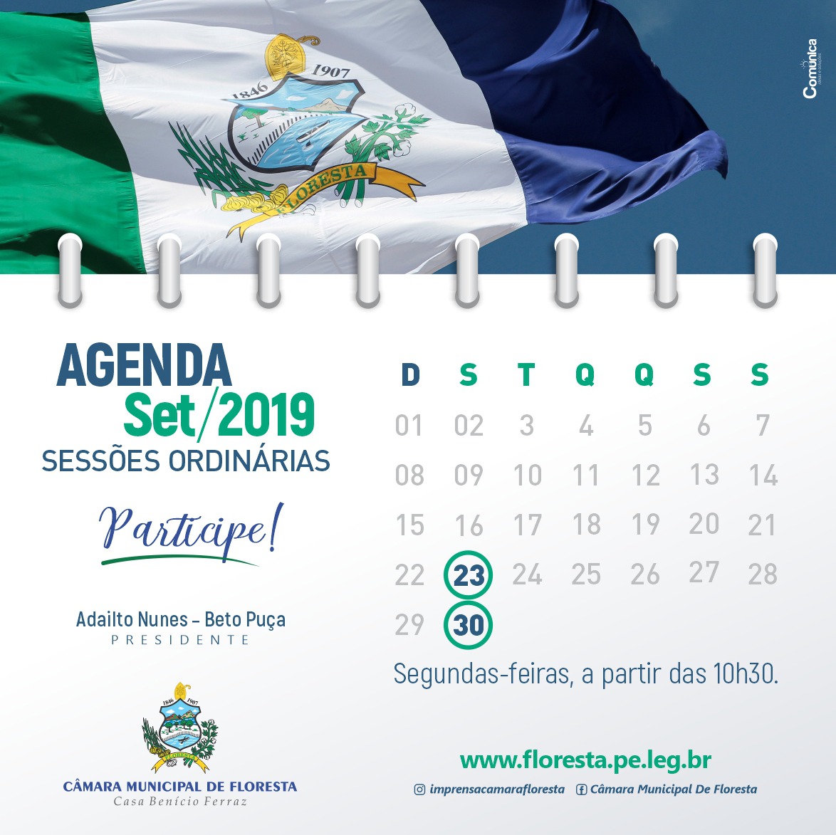 Agenda das Sessões Ordinárias do mês de Setembro