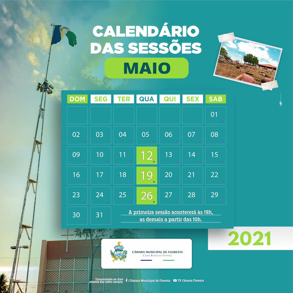 Câmara Municipal de Floresta divulga calendário das Sessões Ordinárias para o mês de maio de 2021